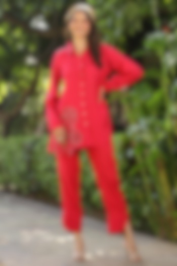 Red Muslin Silk Zari Floral Patchwork Co-Ord Set by Scakhi Luxe at Pernia's Pop Up Shop