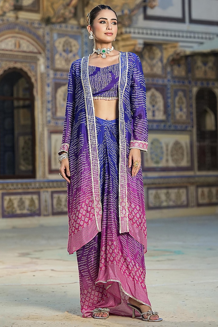 Blue Chinon Silk Bandhani Printed Ombre Cape Set by Scakhi