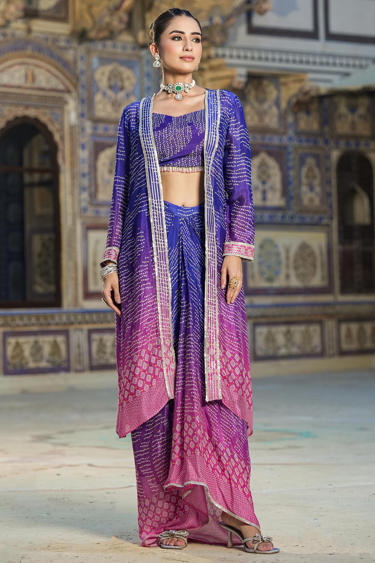Blue Chinon Silk Bandhani Printed Ombre Cape Set by Scakhi at Pernia's ...