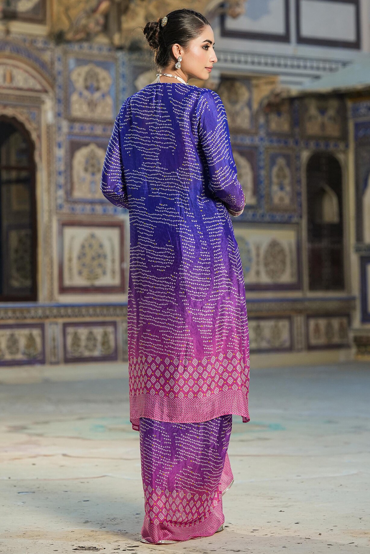 Blue Chinon Silk Bandhani Printed Ombre Cape Set by Scakhi at Pernia's ...