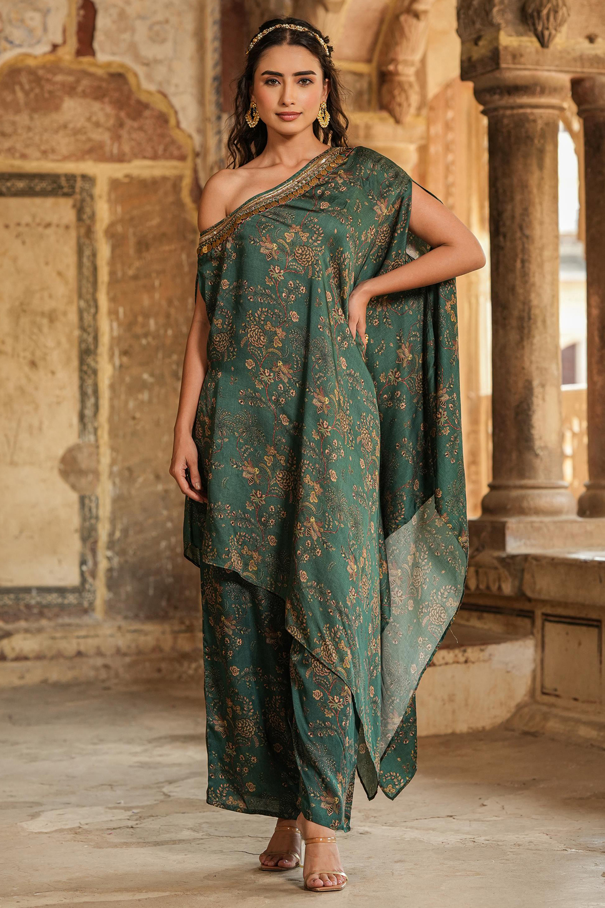 Green Satin Chintz Printed One-Shoulder Asymmetric Co-Ord Set by Scakhi Luxe at Pernia's Pop Up Shop