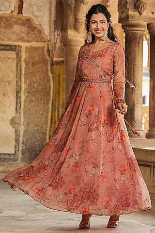 Brown Organza Floral Printed & Embellished Anarkali Gown by Scakhi Luxe