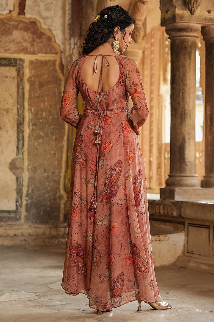 Brown Organza Floral Printed & Embellished Anarkali Gown by Scakhi Luxe at Pernia's Pop Up Shop