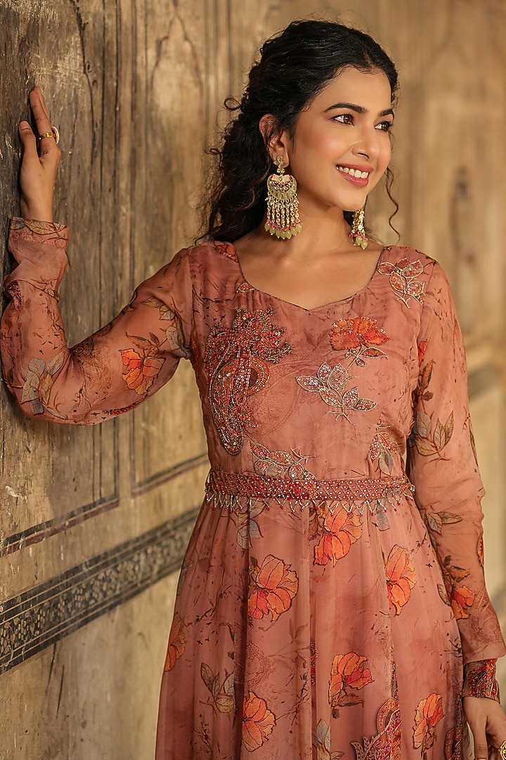 Brown Organza Floral Printed & Embellished Anarkali Gown by Scakhi Luxe at Pernia's Pop Up Shop