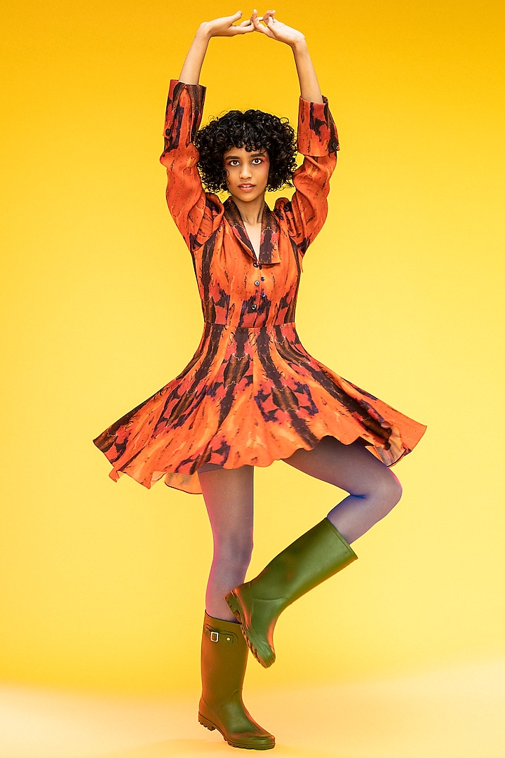 Orange Printed Knee Length Dress by Subculture
