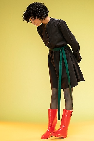 Black Cotton Twill Knee Length Shirt Dress by Subculture