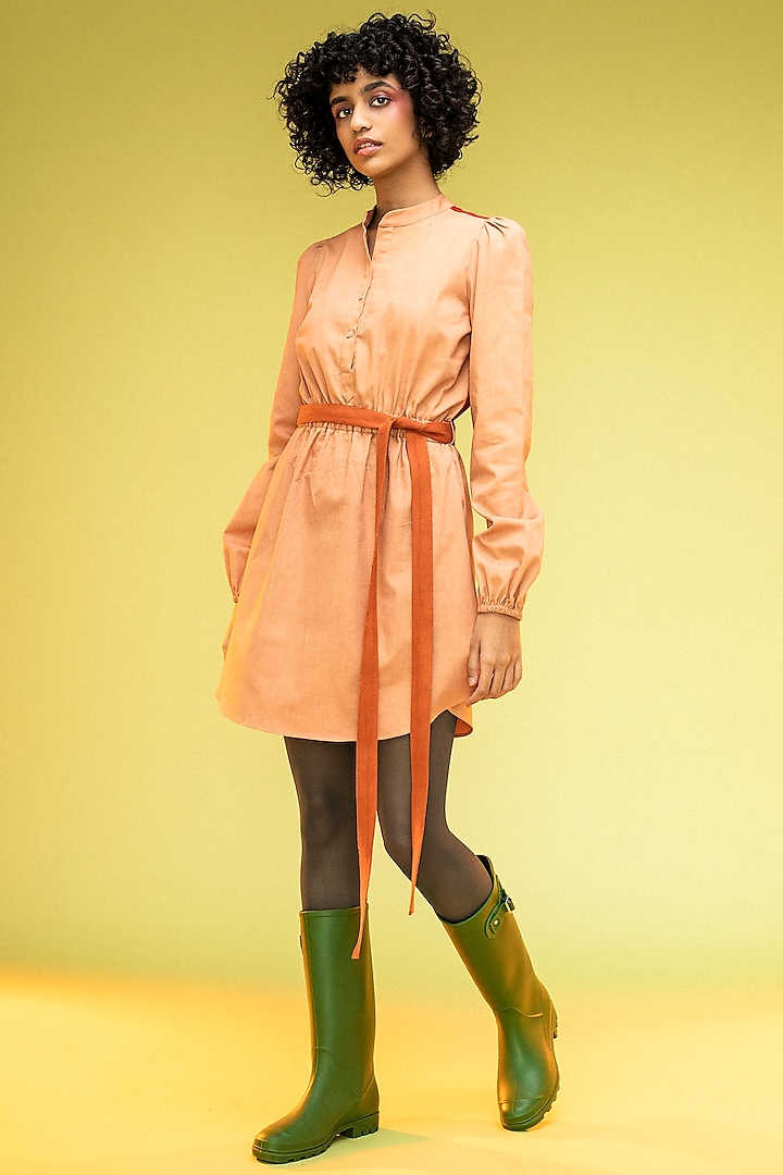 Peach Cotton Twill Knee Length Shirt Dress by Subculture