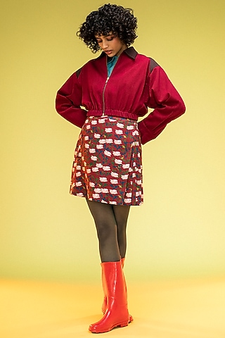 Cadmium Red Organic Handloom Denim Cropped Bomber Jacket by Subculture