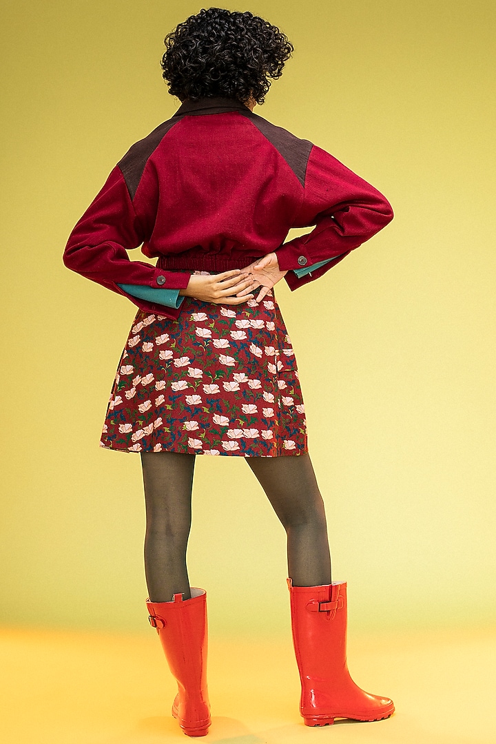 Cadmium Red Organic Handloom Denim Cropped Bomber Jacket by Subculture at Pernia's Pop Up Shop