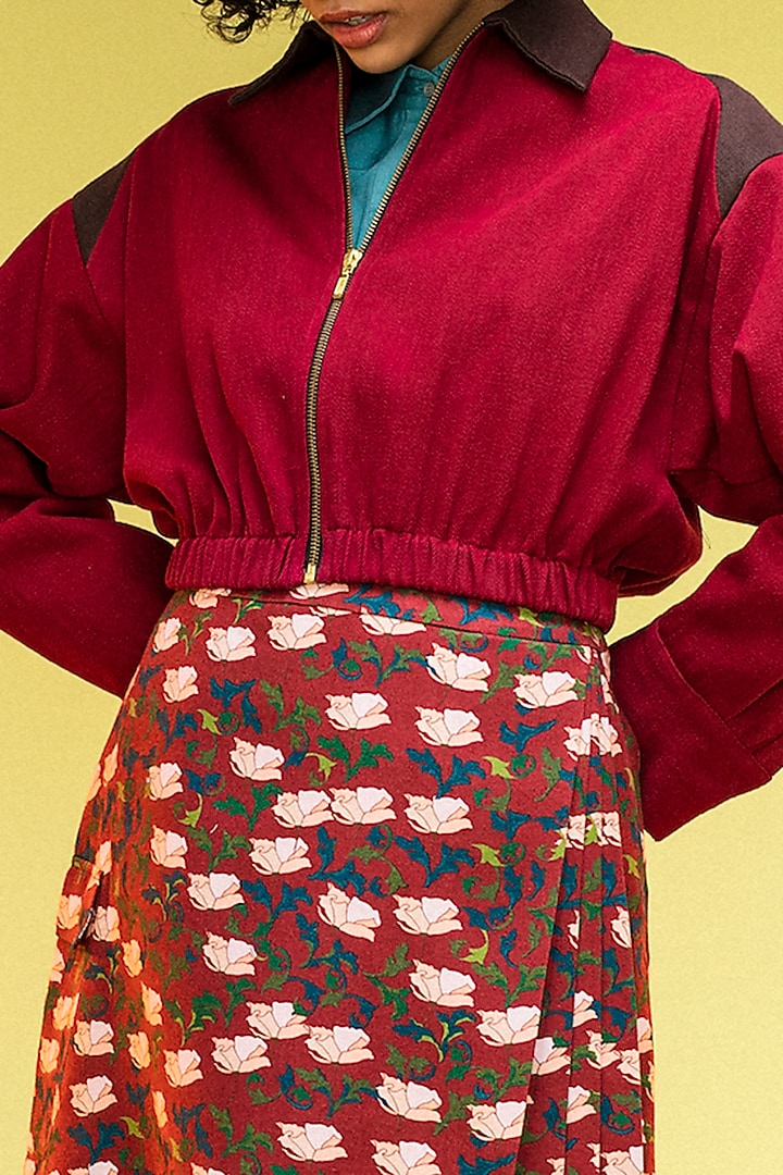 Cadmium Red Organic Handloom Denim Cropped Bomber Jacket by Subculture at Pernia's Pop Up Shop
