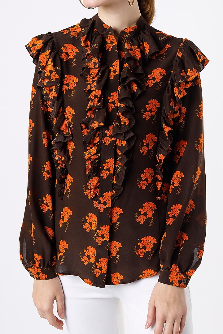 Brown Wildflower Printed Shirt by SubCulture at Pernia's Pop Up Shop