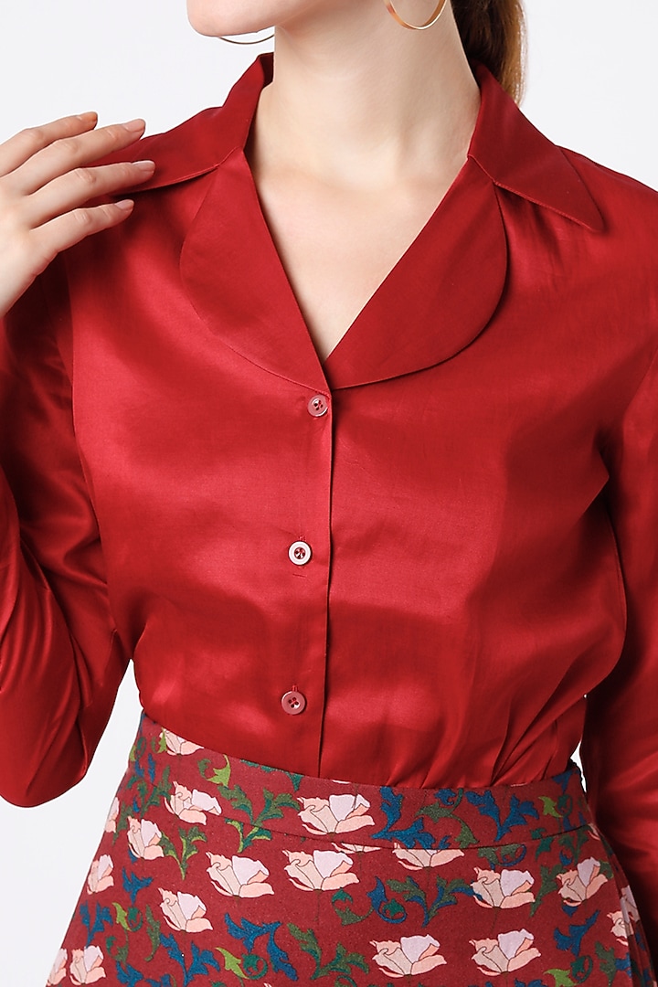 Red Cotton Satin Shirt by SubCulture at Pernia's Pop Up Shop