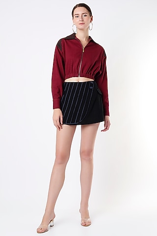 Red Handloom Denim Cropped Jacket by SubCulture
