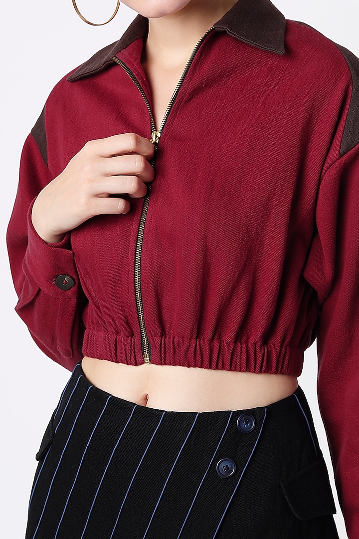Red Handloom Denim Cropped Jacket by SubCulture at Pernia's Pop Up Shop