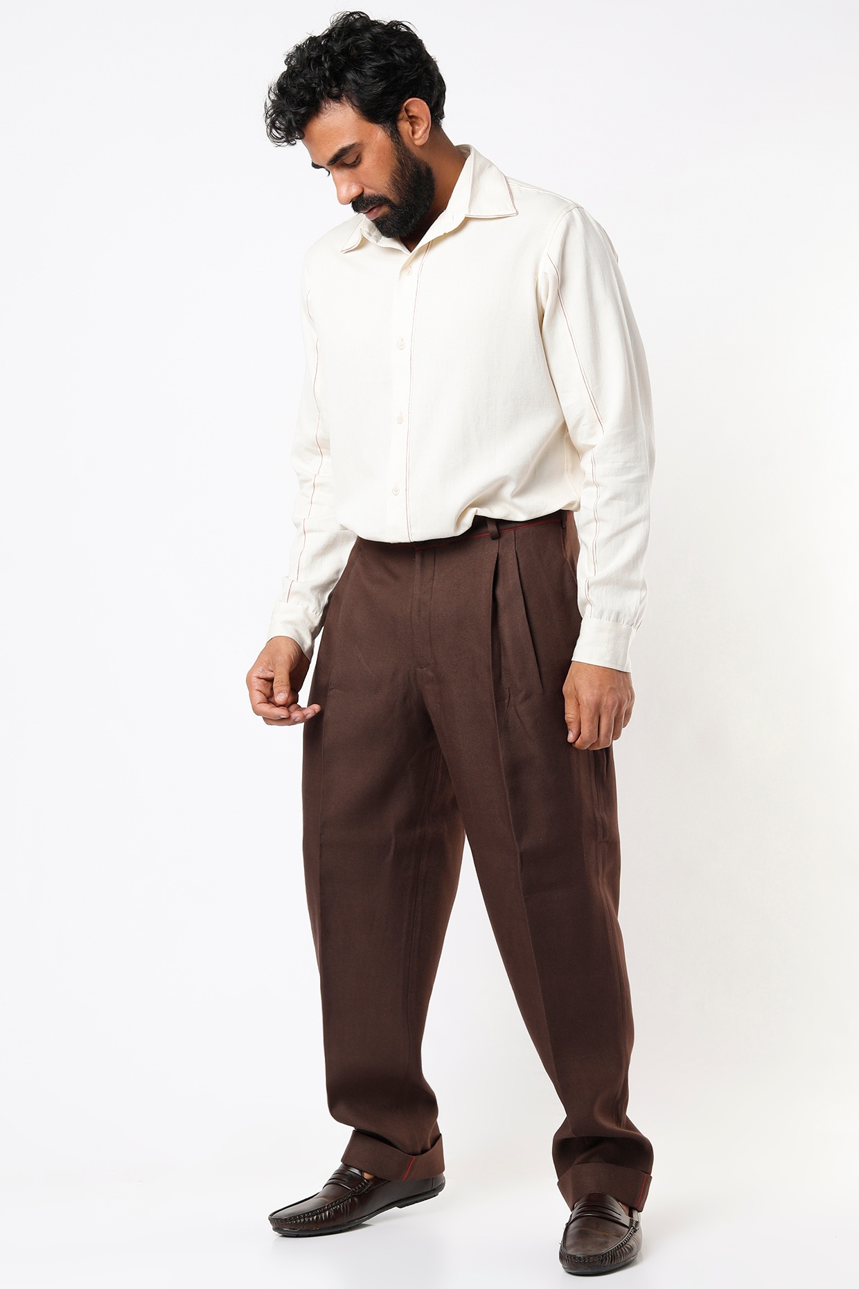Saaksha and Kinni Striped Trousers | Brown, Stripes, Poplin | Spread collar  shirt, Collar shirt men, Olive shirt