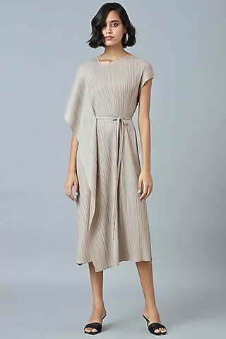 Taupe Polyester Midi Dress by Scarlet Sage