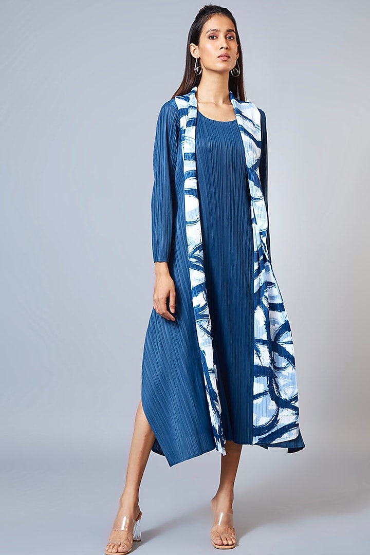 Prussian Blue Polyester A-Line Summer Dress With Overlay Jacket by Scarlet Sage at Pernia's Pop Up Shop