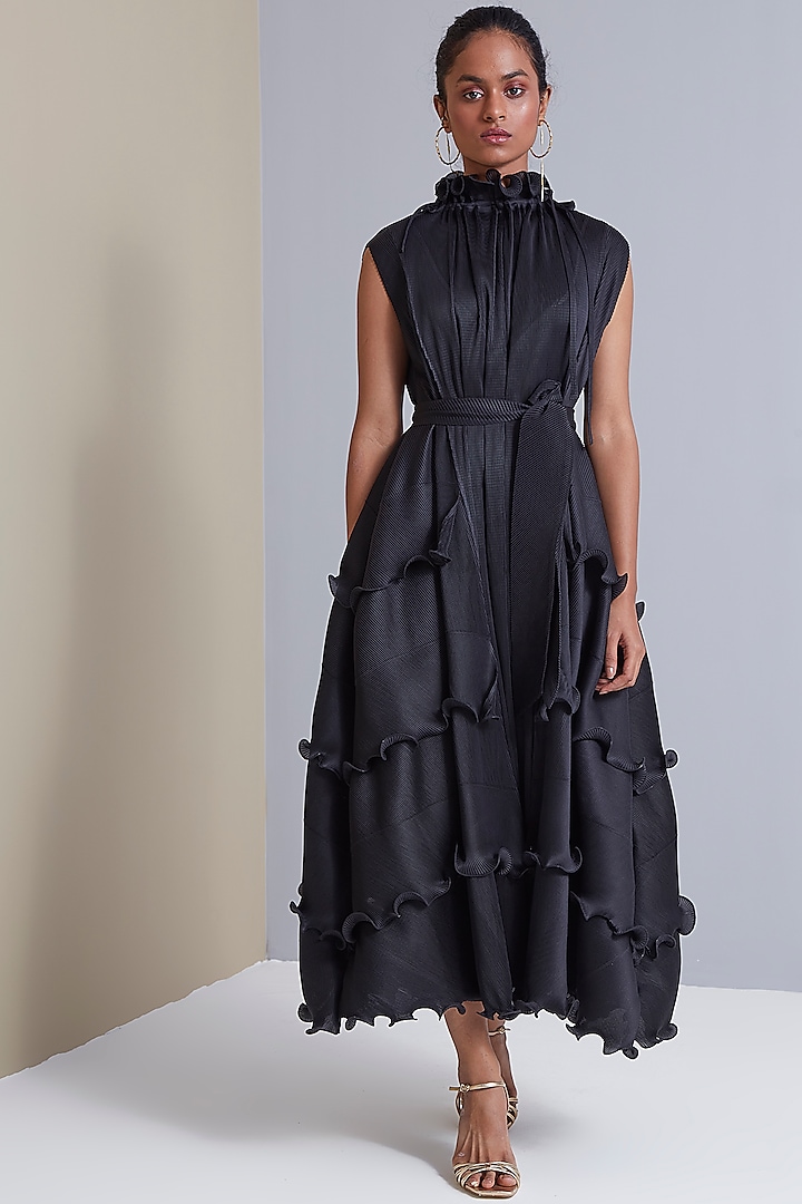 Black Polyester Ruffled Maxi Dress by Scarlet Sage