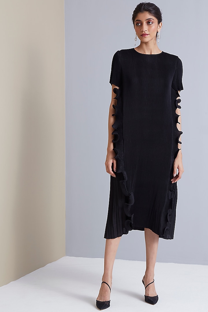 Black Polyester Ruffled Midi Dress by Scarlet Sage at Pernia's Pop Up Shop