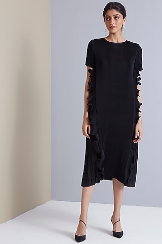 Black Polyester Ruffled Midi Dress by Scarlet Sage