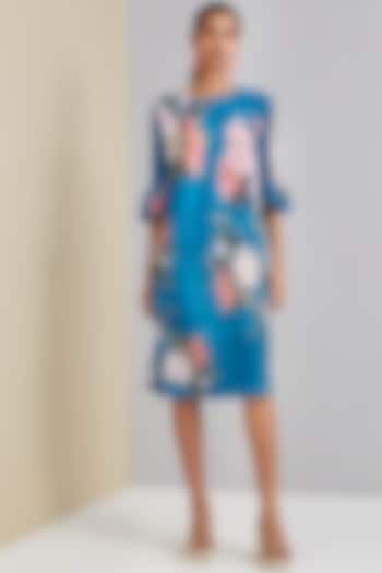 Turkish Blue Polyester Floral Printed Dress by Scarlet Sage at Pernia's Pop Up Shop