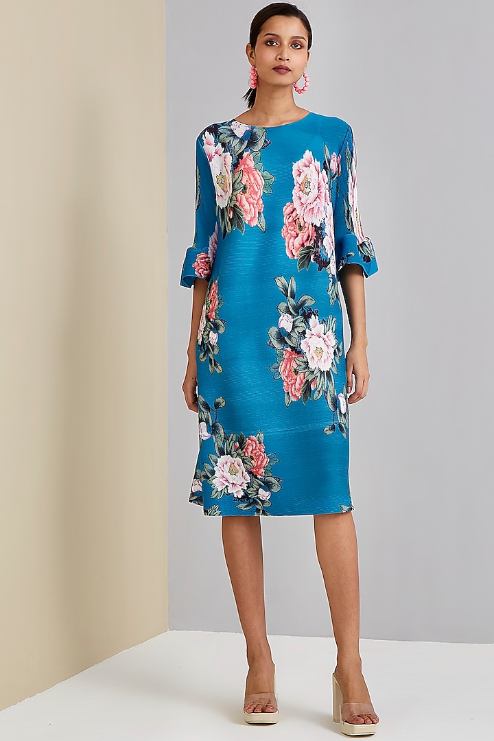 Turkish Blue Polyester Floral Printed Dress by Scarlet Sage at Pernia's Pop Up Shop