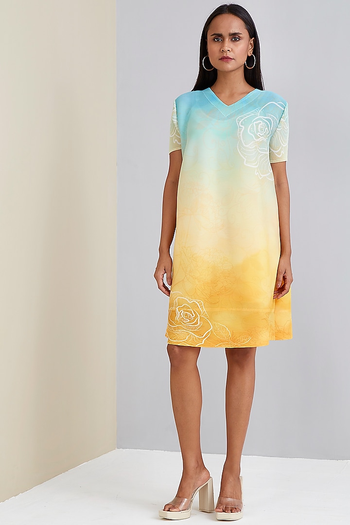 Blue & Ochre Yellow Ombre Printed Dress by Scarlet Sage