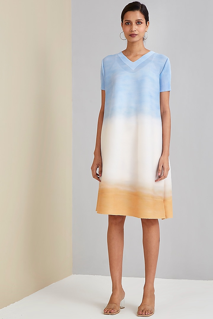 Blue & Mustard Ombre Polyester Dress by Scarlet Sage