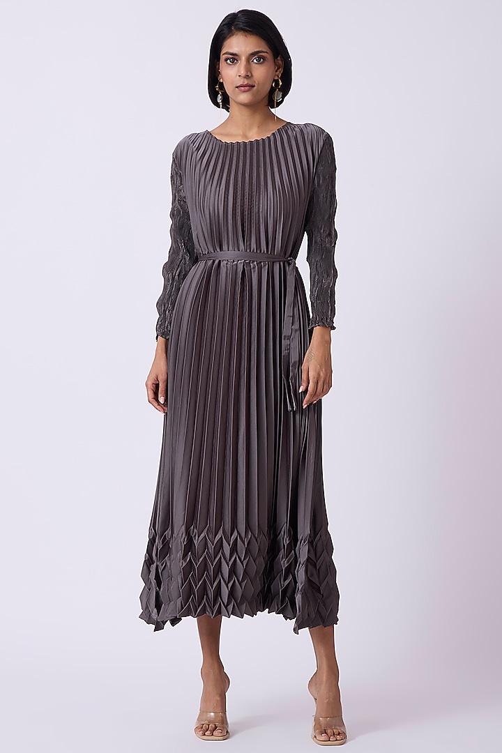 Steel Grey Polyester & Satin Pleated Summer Dress by Scarlet Sage at Pernia's Pop Up Shop