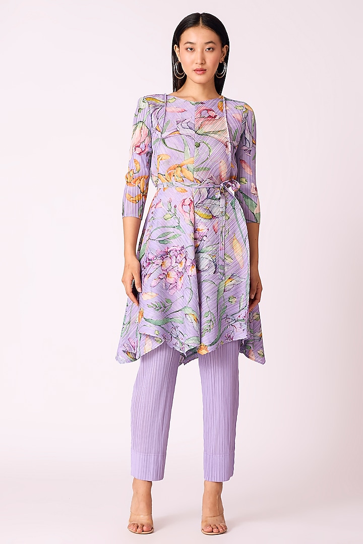 Lavender Polyester Floral Printed Flared A-Line Tunic Set by Scarlet Sage