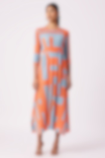 Blue & Orange Polyester Abstract Printed A-Line Summer Dress by Scarlet Sage at Pernia's Pop Up Shop