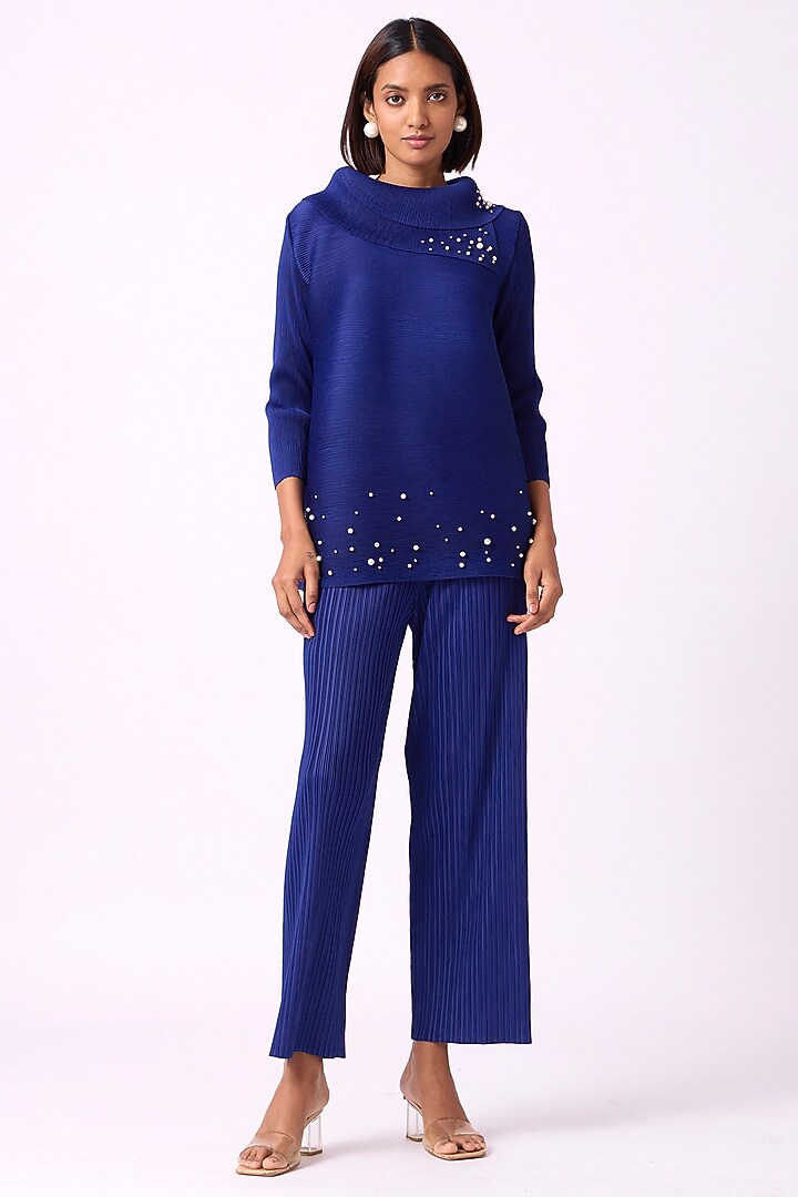 Royal Blue Polyester Pearl Embellished Co-Ord Set by Scarlet Sage at Pernia's Pop Up Shop