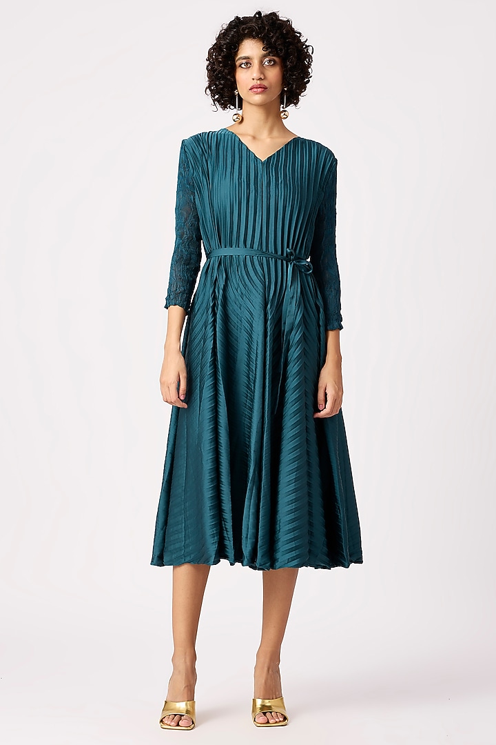 Lake Blue Satin Pleated Flared Midi Dress by Scarlet Sage at Pernia's Pop Up Shop 2026 Lake Blue Satin Pleated Flared Midi Dress by Scarlet Sage at Pernia's Pop Up Shop 2026