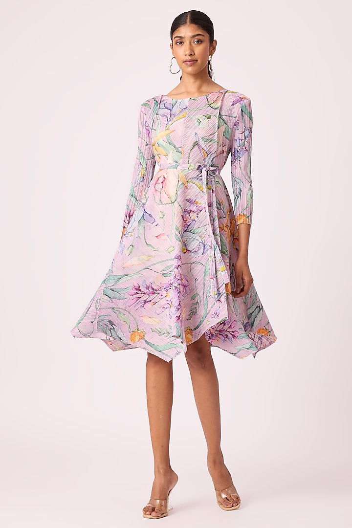 Mauve Polyester Floral Printed High-Low Flared A-Line Dress by Scarlet Sage