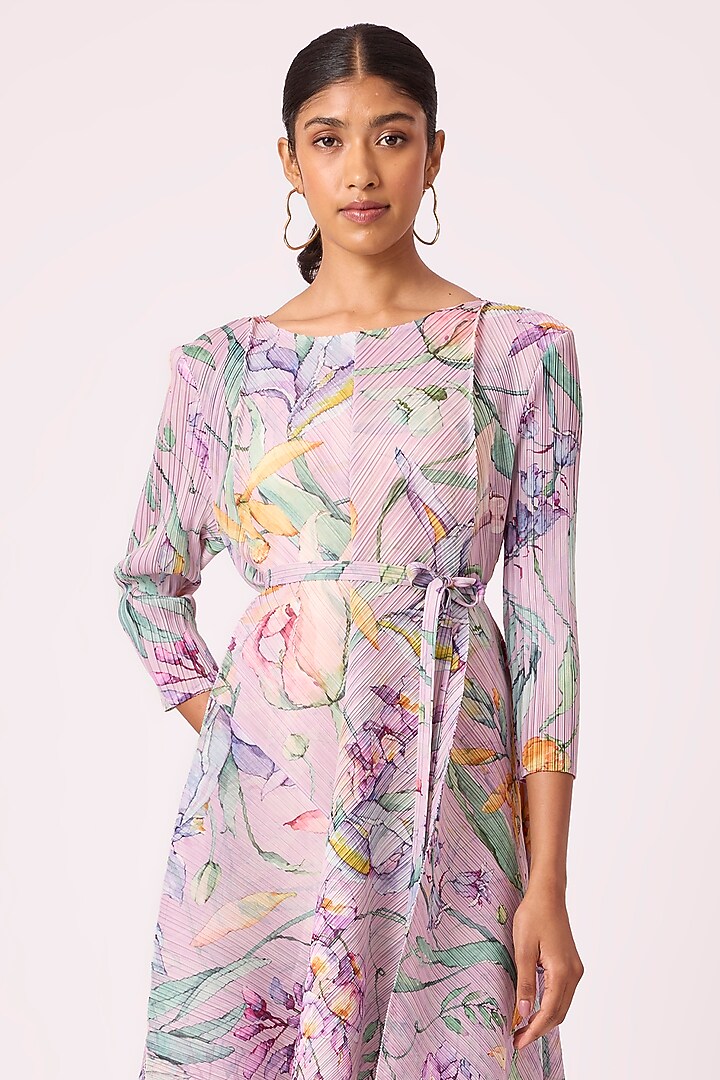 Mauve Polyester Floral Printed High-Low Flared A-Line Summer Dress by Scarlet Sage at Pernia's Pop Up Shop