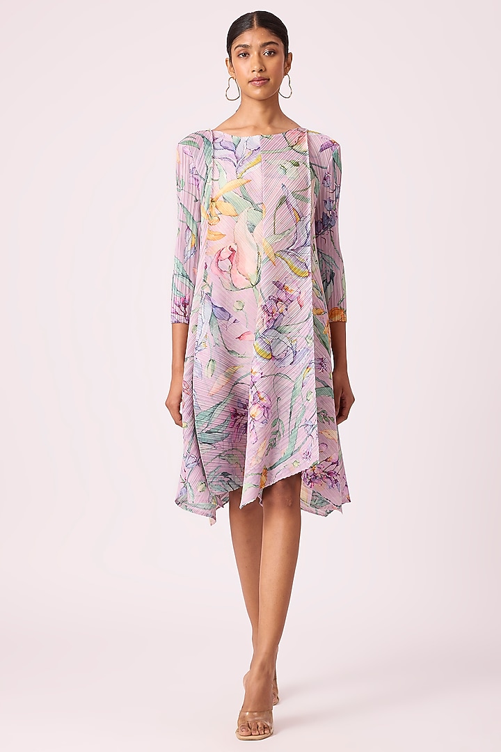 Mauve Polyester Floral Printed High-Low Flared A-Line Summer Dress by Scarlet Sage at Pernia's Pop Up Shop