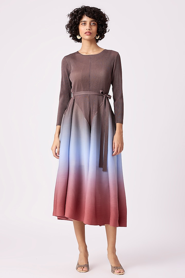 Brown Polyester Pleated Ombre Peplum Style Dress by Scarlet Sage at Pernia's Pop Up Shop