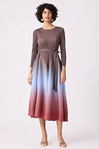Brown Polyester Pleated Ombre Peplum Style Dress by Scarlet Sage