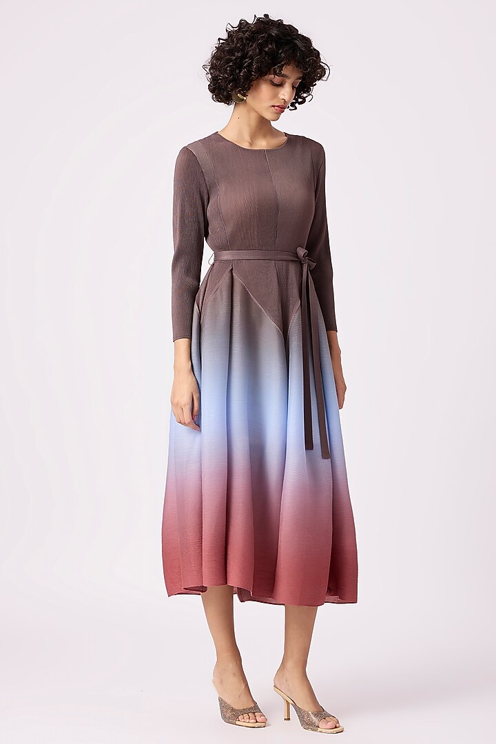 Brown Polyester Pleated Ombre Peplum Style Summer Dress by Scarlet Sage at Pernia's Pop Up Shop