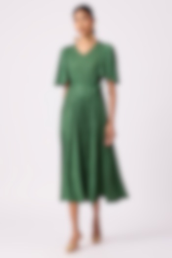 Green Polyester Pleated A-Line Midi Summer Dress by Scarlet Sage at Pernia's Pop Up Shop