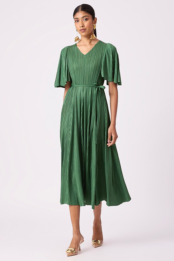 Green Polyester Pleated A-Line Midi Summer Dress by Scarlet Sage at Pernia's Pop Up Shop