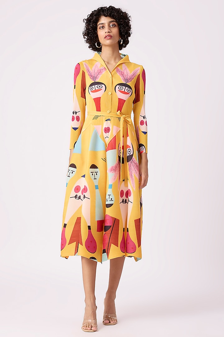 Yellow Polyester Printed Knee-Length Shirt Dress by Scarlet Sage at Pernia's Pop Up Shop