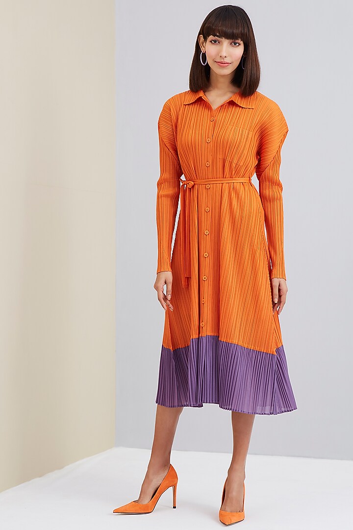 Orange Pleated Summer Shirt Dress by Scarlet Sage at Pernia's Pop Up Shop