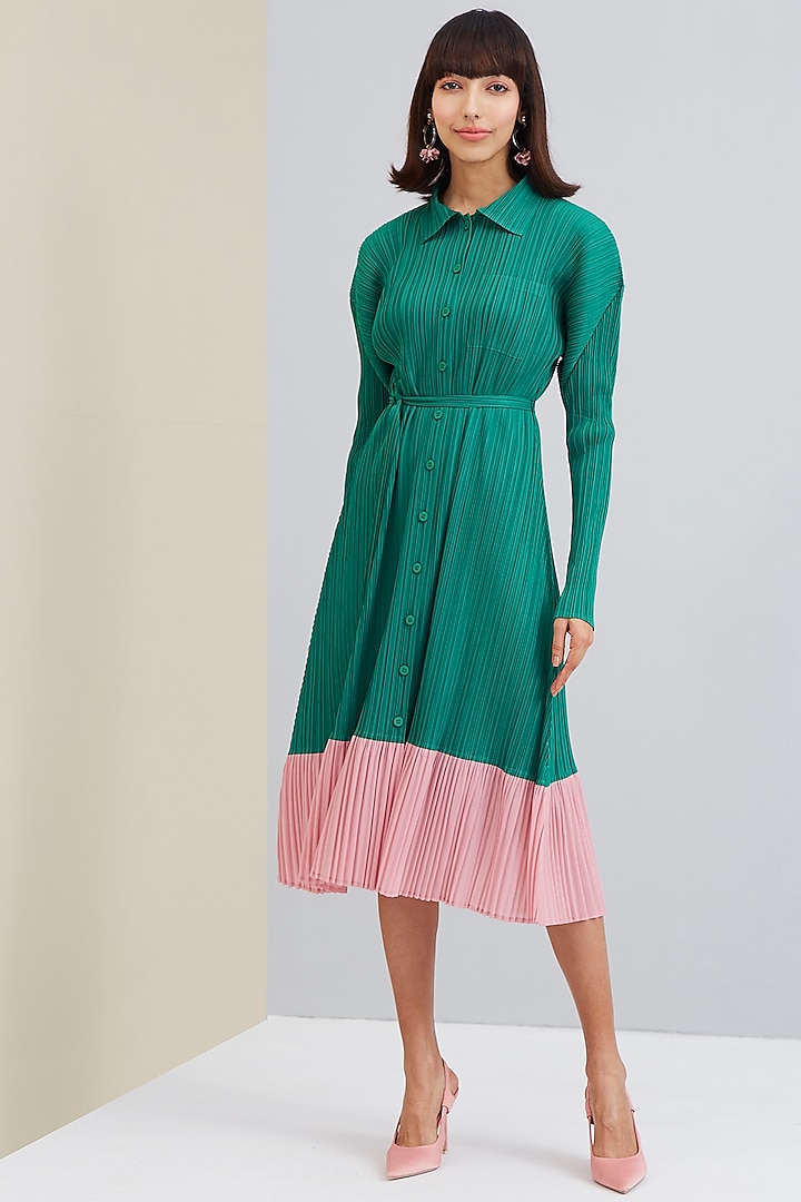 Green Pleated Shirt Dress by Scarlet Sage