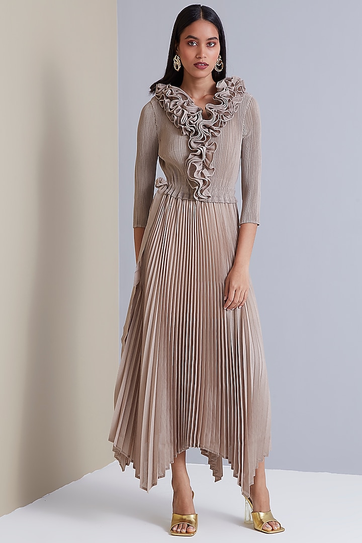 Sand Beige Polyester Ruffled Dress by Scarlet Sage