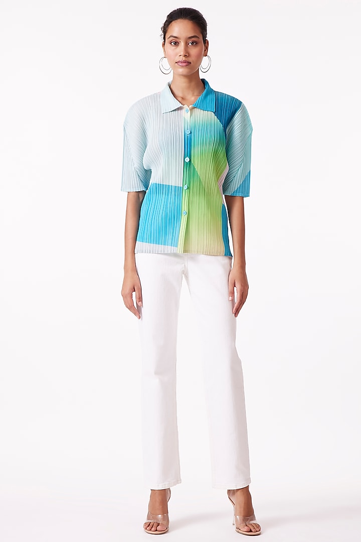 Aqua Polyester Color Blocked Shirt by Scarlet Sage