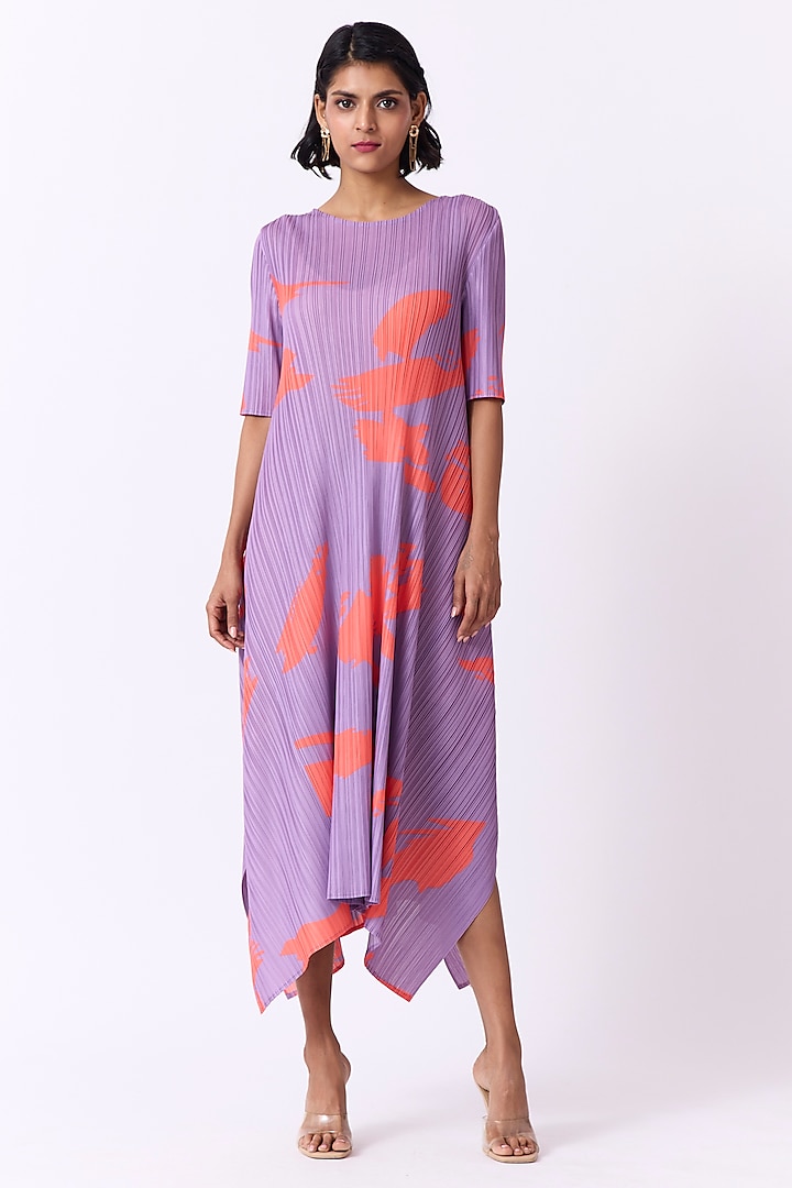 Lilac & Bright Coral Polyester Printed Summer Dress by Scarlet Sage at Pernia's Pop Up Shop