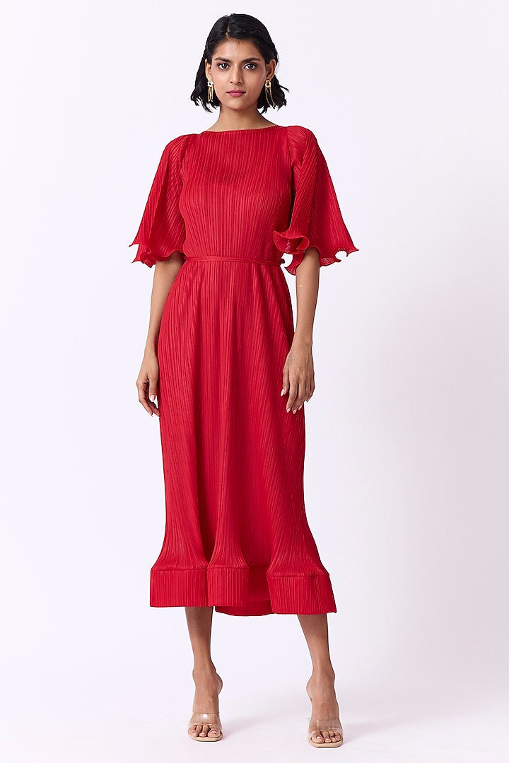 Red Polyester Ruffled A-line Dress by Scarlet Sage at Pernia's Pop Up Shop