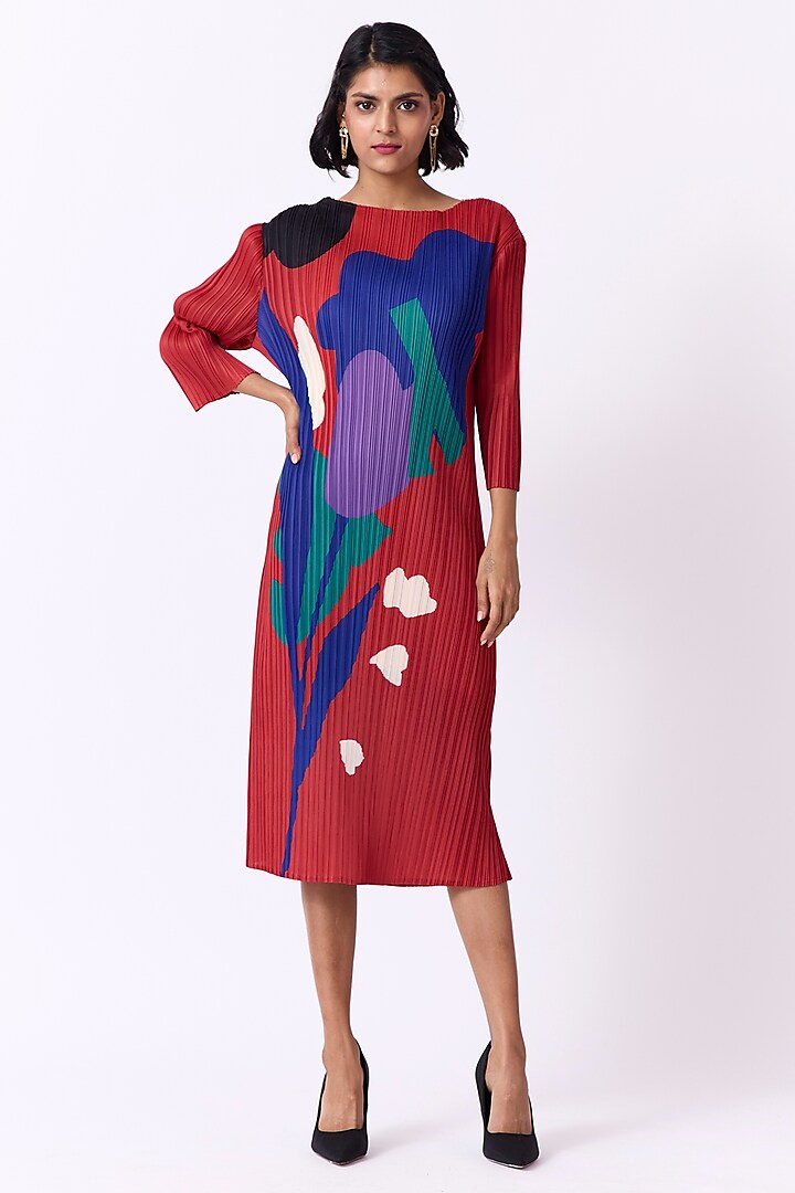 Red Polyester Abstract Dress by Scarlet Sage