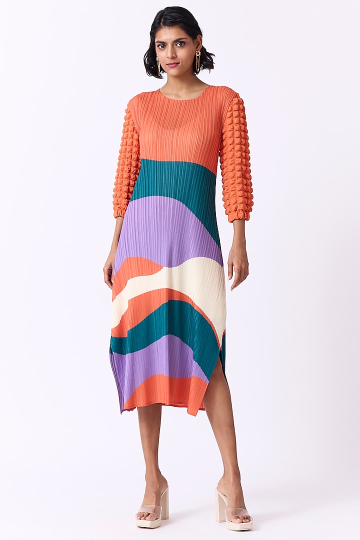 Orange Polyester Abstract Printed A-Line Dress by Scarlet Sage
